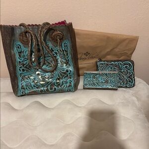 Patricia Nash Turquoise and Brown Embossed Bag Set